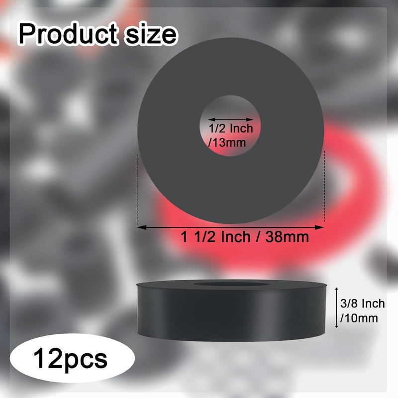 Unarty 12 PCS Multi Purpose Rubber Spacer 1 1/2 Inch OD x 1/2 Inch ID x 3/8 Inch Thickness, Rubber Bushing Anti Vibration Spacer Thick Rubbers Washers for Home and Car - Image 2
